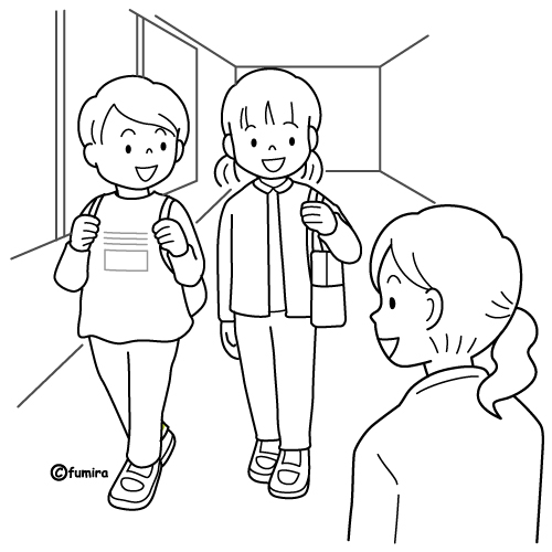 廊下で先生に挨拶をする子どもたちのイラスト（ぬりえ）