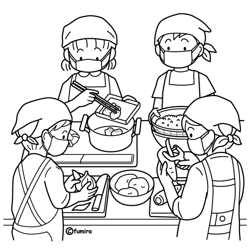 家庭科で調理実習をする子どもたちのイラスト（ぬりえ）