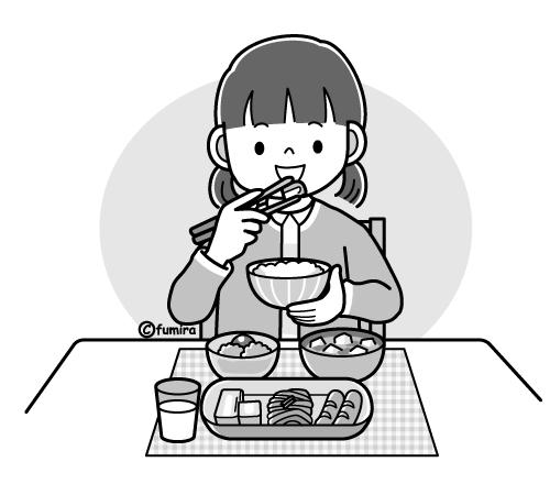 朝ごはんを食べる女の子のイラスト（モノクロ）