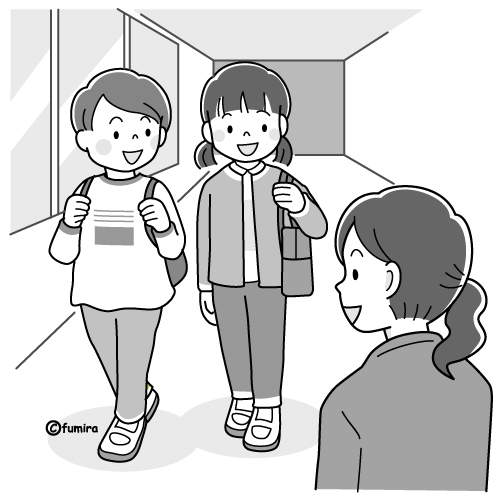 廊下で先生に挨拶をする子どもたちのイラスト（モノクロ）