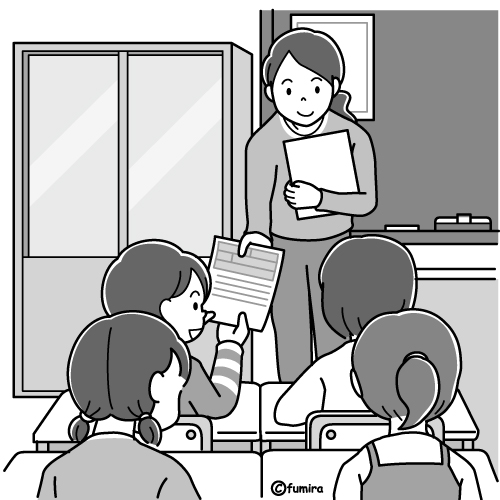 プリントを配布する先生と受け取る女の子のイラスト（モノクロ）