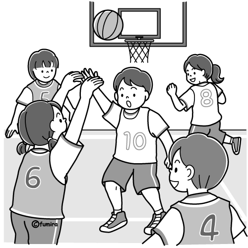友達とスポーツ（バスケットボール）をする女の子のイラスト（モノクロ）