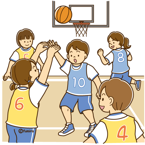 友達とスポーツ（バスケットボール）をする女の子のイラスト（ソフト）