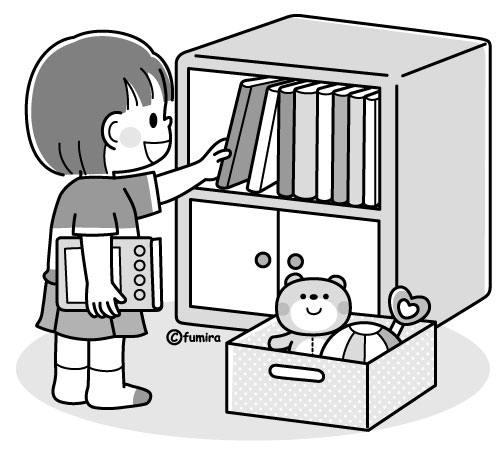 片付け・整理整頓をする女の子のイラスト（モノクロ）