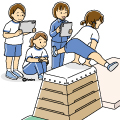 女子生徒のイラスト 跳び箱を飛ぶ女の子とタブレットで録画する生徒