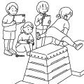 女子生徒のイラスト 跳び箱を飛ぶ女の子とタブレットで録画する生徒