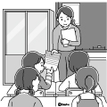 高学年・子供・女の子の生活イラスト プリントを受け取る女の子(モノクロ)