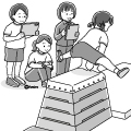 女子生徒のイラスト 跳び箱を飛ぶ女の子とタブレットで録画する生徒