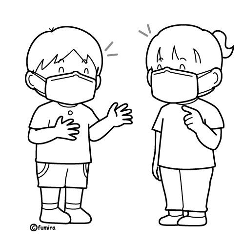 マスクをして楽しく会話をするこどもたちのイラスト（ぬりえ）