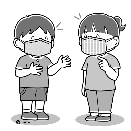 マスクをして楽しく会話をするこどもたちのイラスト（モノクロ）