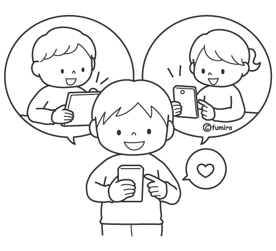 オンラインで友だちにあいさつをする子どものイラスト（ぬりえ）
