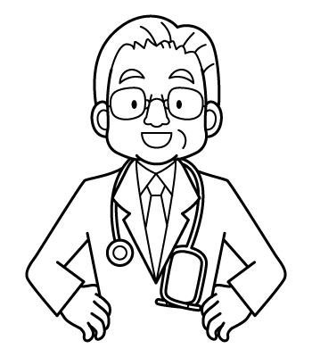 お医者さんの顔イラスト６・ベテランの医師・教授（ぬりえ）・腰に手を当てて笑顔