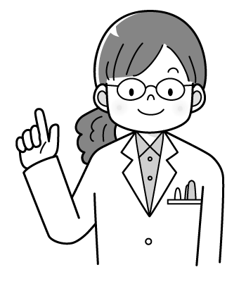 女医さんのイラスト３・メガネをかけた女の先生（モノクロ）・指で指し示す