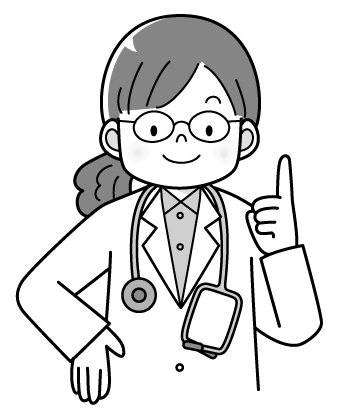 女医さんのイラスト３・メガネをかけた女の先生（モノクロ）・腰に手をあてる