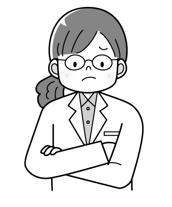 女医さんのイラスト３・メガネをかけた女の先生（モノクロ）・腕組みする・考え込む・困る