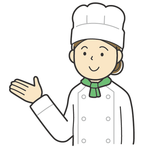 説明をする女性のイラスト・コックコートにコック帽・料理人・シェフ・カラーイラスト・笑顔