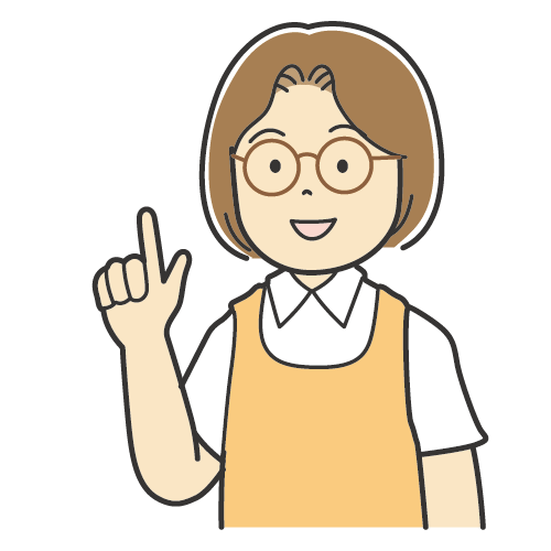 説明をする女性・保育士さん・ヘルパーさん・介護士さん・保母さんなどのイラスト（メガネをかけた女性）
・笑顔