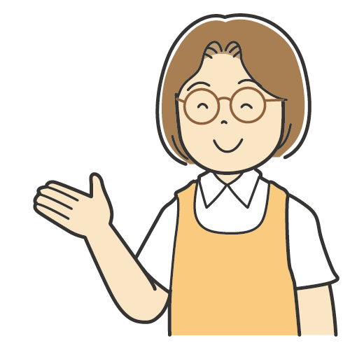 説明をする女性・保育士さん・ヘルパーさん・介護士さん・保母さんなどのイラスト（メガネをかけた女性）
・笑顔