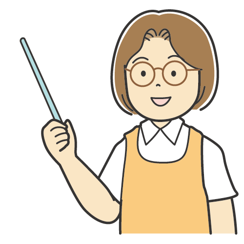 説明をする女性・保育士さん・ヘルパーさん・介護士さん・保母さんなどのイラスト（メガネをかけた女性）
・笑顔