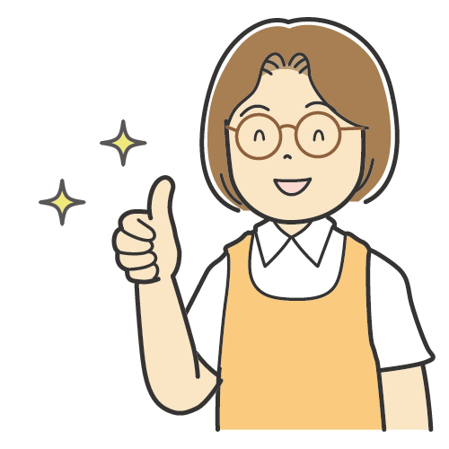 説明をする女性・保育士さん・ヘルパーさん・介護士さん・保母さんなどのイラスト（メガネをかけた女性）
・笑顔