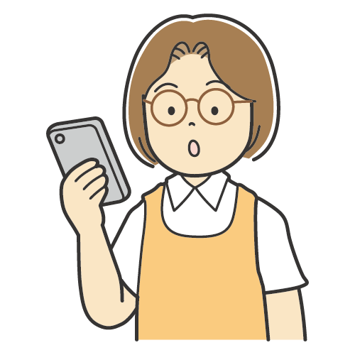 スマートフォンの画面を見る女性のイラスト・保育士さん・ヘルパーさん・介護士さん・保母さんなどのイラスト（メガネをかけた女性）
・笑顔