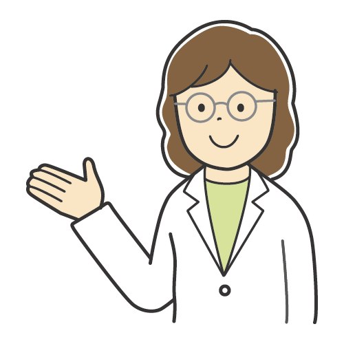 説明をする女性のイラスト・カラーイラスト白衣・メガネ・ロングヘア・笑顔