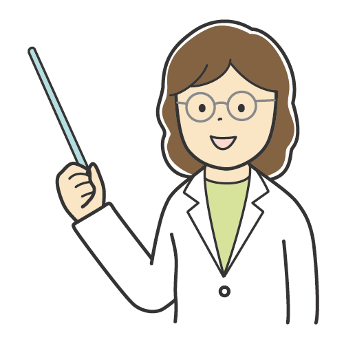 説明をする女性のイラスト・カラーイラスト白衣・メガネ・ロングヘア・笑顔