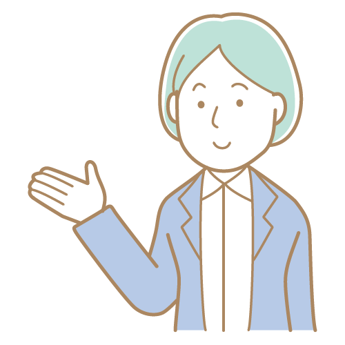 説明をする女性のイラスト・スーツ・ジャケット・ショートヘア・笑顔・笑顔