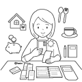 家計簿アプリを使用して家計簿をつけている女性のイラスト(ぬりえ) 家計簿アプリを使用して家計簿をつけている女性のイラスト(ぬりえ)