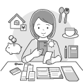 家計簿アプリを使用して家計簿をつけている女性のイラスト(モノクロ) 家計簿アプリを使用して家計簿をつけている女性のイラスト(モノクロ)
