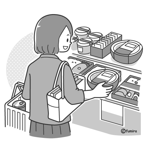 コンビニで買い物をする女性のイラスト（モノクロ）