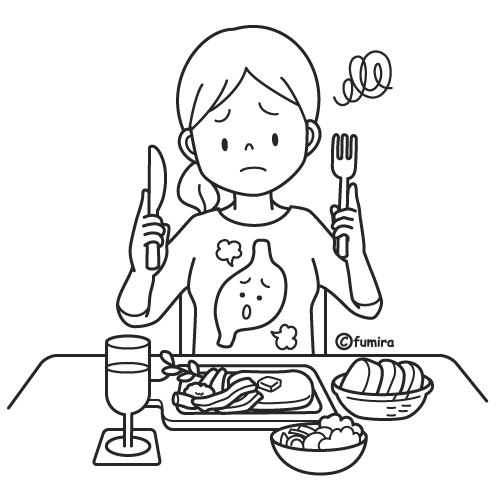胃もたれ・胃の調子が悪い女性のイラスト（ぬりえ）