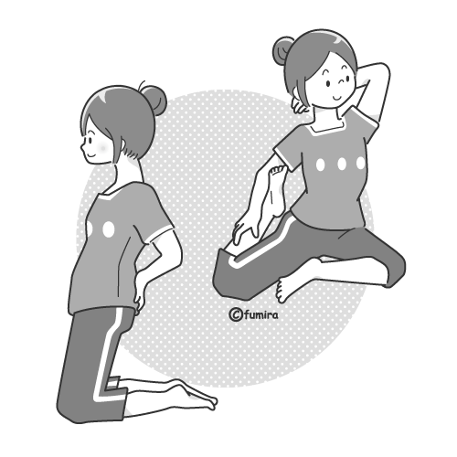 ストレッチをする女性のイラスト（モノクロ）