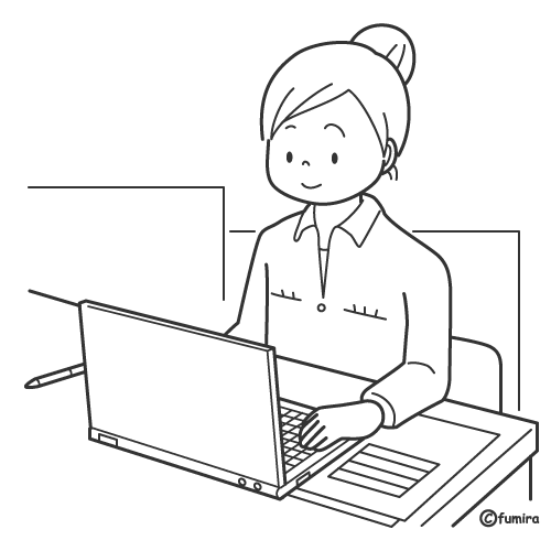 働く女性・デスクワーク・PC作業のイラスト（ぬりえ)