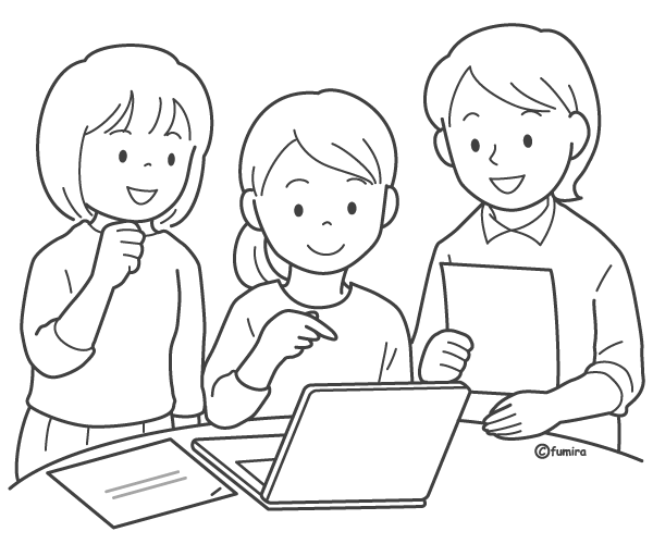 パソコンの画面を指さしながら打ち合わせをする女性たちのイラスト（ソフト）