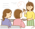 ホワイトボードを使って打ち合わせをする女性たちのイラスト ホワイトボードを使って打ち合わせをする女性たちのイラスト