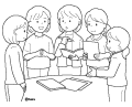テーブルを囲んで話し合いをしている女性のイラスト テーブルを囲んで話し合いをしている女性のイラスト
