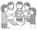 テーブルを囲んで話し合いをしている女性のイラスト テーブルを囲んで話し合いをしている女性のイラスト