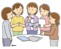 テーブルを囲んで話し合いをしている女性のイラスト テーブルを囲んで話し合いをしている女性のイラスト
