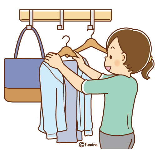 洋服をハンガーにかける女性のイラスト（ソフト）
