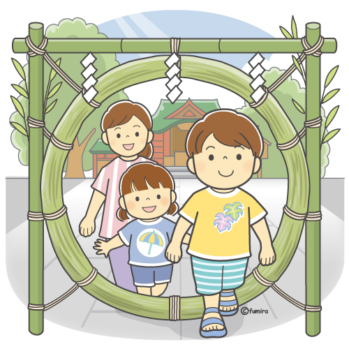 茅の輪くぐりをするこどもたちのイラスト（カラー）