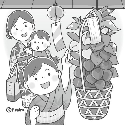 ほおずき市を眺める親子のイラスト（モノクロ）