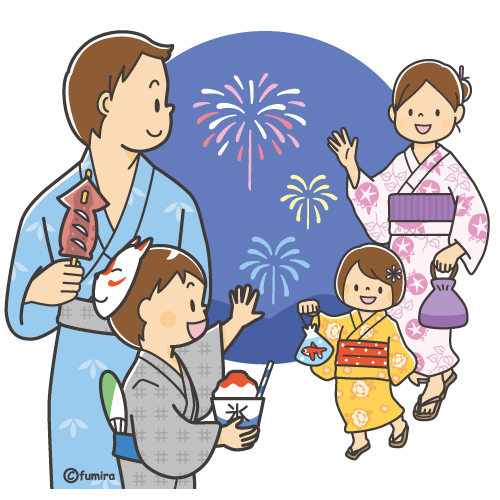 お祭り・花火を見に来た家族のイラスト（カラー）