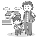 子供の送り迎えをするおばあちゃん(モノクロ)
