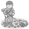 芝刈りをする男性のイラスト(モノクロ)