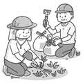 草むしりをするシニアのイラスト(モノクロ)