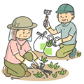 草むしりをするシニアのイラスト(カラー)