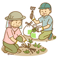 草むしりをするシニアのイラスト(ソフト)