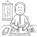 毛筆で字を書く年配の男性のイラスト(ぬりえ)