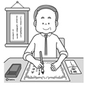 毛筆で字を書く年配の男性のイラスト(モノクロ)